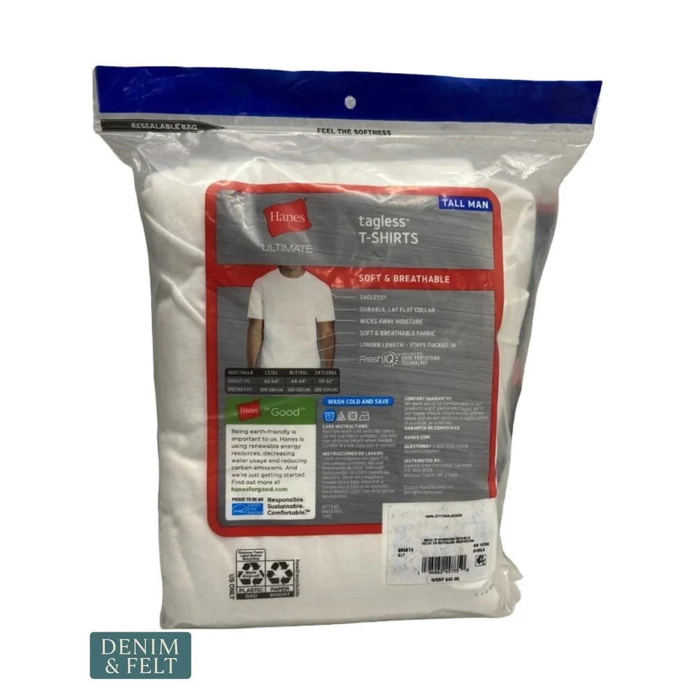 NEW Hanes Ultimate Tall Man White Crew Neck T-Shirts 4 Pack Soft Cotton Tagless